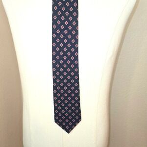 Liberty of London Wool Challis Silk Blend‎ Tie Made in USA Navy Blue Red Diamond